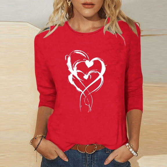 YOIAVAIOY Vintage Tees for Women Round Neck 3/4 Sleeve T-Shirt Fashion Casual Lover Printed Tops Red M