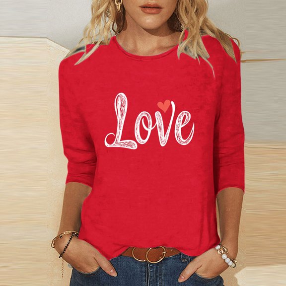 YOIAVAIOY Vintage Tees for Women Round Neck 3/4 Sleeve T-Shirt Fashion Casual Lover Printed Tops Red S