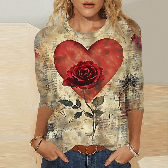 YOIAVAIOY Vintage Tees for Women Round Neck 3/4 Sleeve T-Shirt Fashion Casual Lover Printed Tops Red XXL