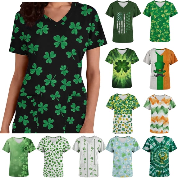 YOIAVAIOY White St Patricks Day Scrubs for Women Spring Patchwork Printed Short Sleeve Scrub Tops V Neck Casual Work Nurse Uniforms L