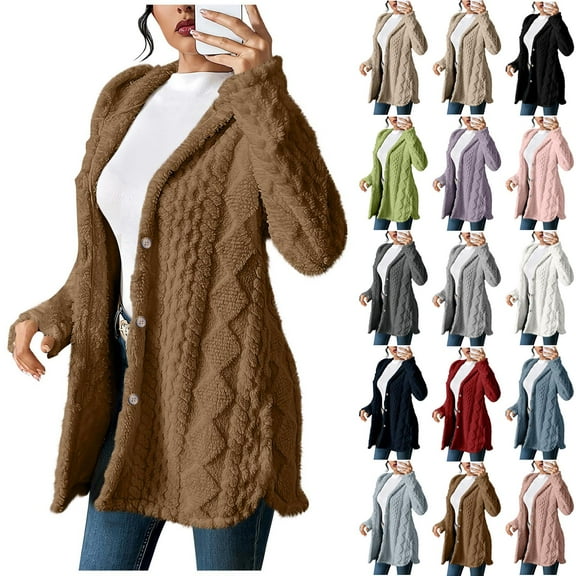 YOIAVAIOY Winter Cardigan for Women Fuzzy Fleece Knitted Textured Hooded Coat Casual Warm Thermal Jackets Trendy Comfort Outfits Outerwear Brown S