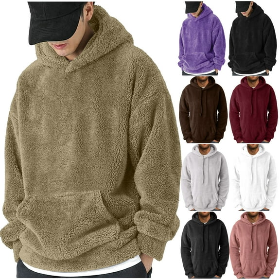 YOIAVAIOY Winter Hoodie for Mens Fuzzy Fleece Pullover Warm Casual Sweatshirts Kangaroo Pocket Hooded Thermal Tops Black XL