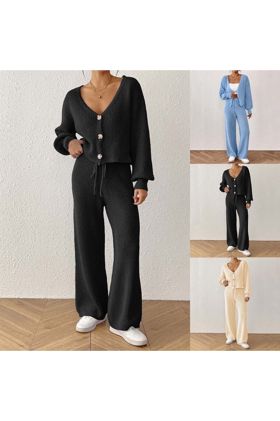 Women 2 Piece Knit Sets Button Down Deep V Neck Cardigan Sweaters and Drawstring Waist Long Pants Matching Lounge Set Fall Winter Casual Outfits Beige L
