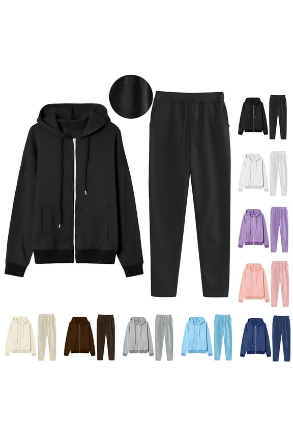 Women Casual Sport Set Zip Up Hoodies and Drawstring Pants Two Piece Fleece Track Suit Athletic Jogging Sweat Suit Fall Winter Tracksuits White XXXL
