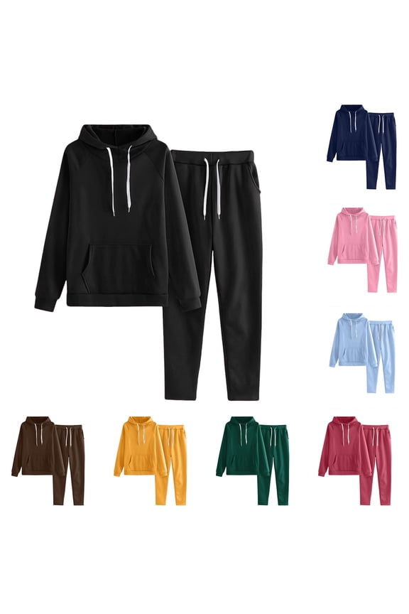 Women Casual Sweatsuit Kangaroo Pocket Raglan Hoodie Sweatshirt and Drawstring Sweatpants 2 Piece Set Athletic Jogging Tracksuits Workout Matching Sets Navy L