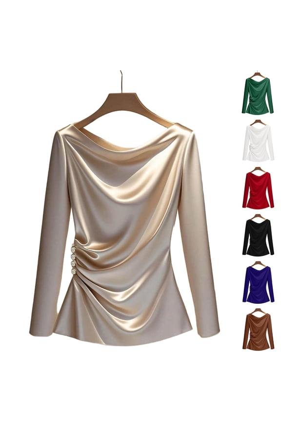 Women Cowl Neck Satin Blouse Elegant Ruched Office Shirts Long Sleeve Business Casual Tunic Tops Red XL