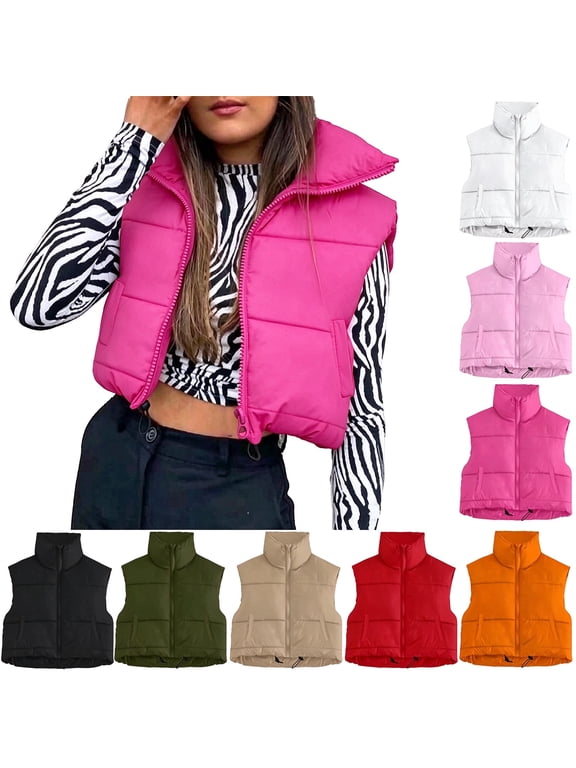 Women Cropped Puffer Vest Lightweight Full Zip Up Stand Collar Jacket Sleeveless Down Coat Winter Padded Vests Hot Pink XXL