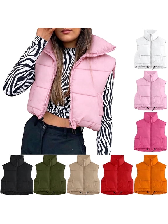 Women Cropped Puffer Vest Lightweight Full Zip Up Stand Collar Jacket Sleeveless Down Coat Winter Padded Vests Pink M