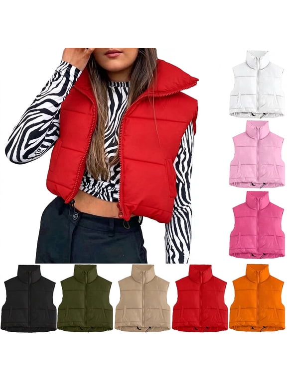 Women Cropped Puffer Vest Lightweight Full Zip Up Stand Collar Jacket Sleeveless Down Coat Winter Padded Vests Red S