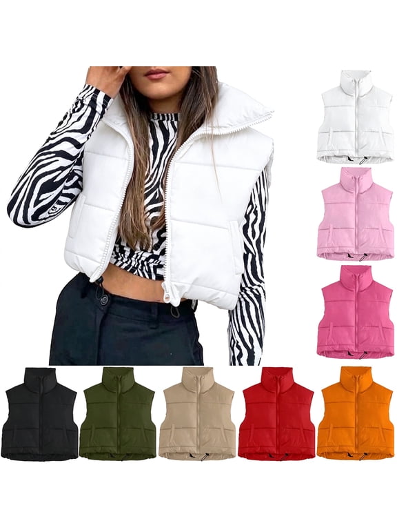 Women Cropped Puffer Vest Lightweight Full Zip Up Stand Collar Jacket Sleeveless Down Coat Winter Padded Vests White S