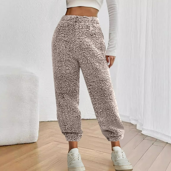 YOIAVAIOY Women Fleece Sherpa Pants Winter Thermal Fuzzy Pants Trendy Soft Furry Elastic Waist Lounge Pants CoffeeM