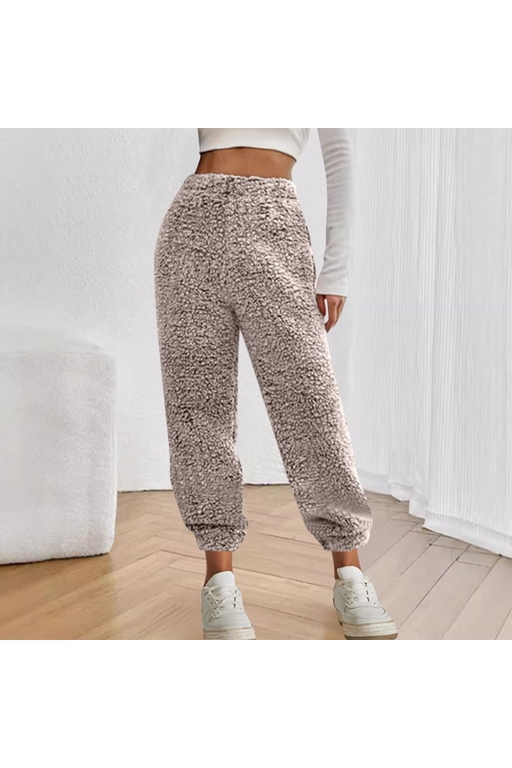 Women Fleece Sherpa Pants Winter Thermal Fuzzy Pants Trendy Soft Furry Elastic Waist Lounge Pants CoffeeM