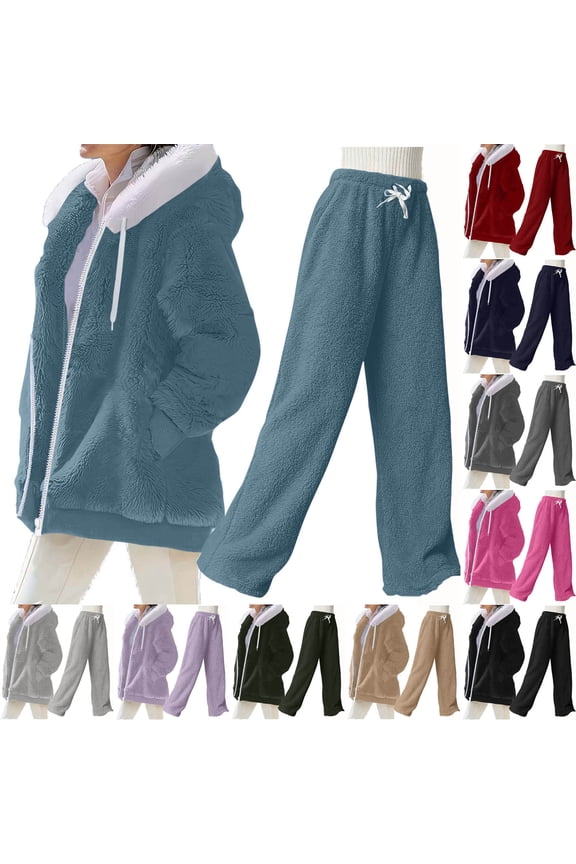 Women Fluffy Pajamas Set Soft Comfy Fuzzy Fleece Pjs Sets Loose Plush Pullover Pants 2 Piece Sleepwear Gray L