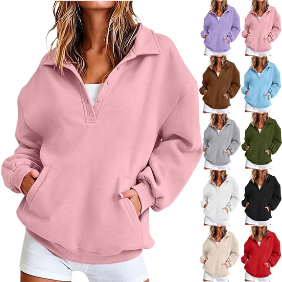 YOIAVAIOY Women Funnel Neck Sweatshirt Long Sleeve Button Collar Pullover Tops 2026 Spring Fall Casual Sweatshirts with Pockets Pink XXL