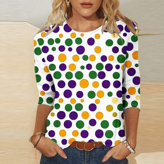YOIAVAIOY Women Holiday Tee Shirts Crew Neck 3/4 Sleeve Carnival Print T Shirt Loose Fit Party Soft Comfy Tops Multicolor XL
