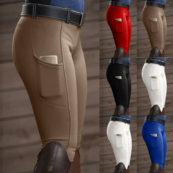 YOIAVAIOY Women Horse Riding Pants Stretch Slim Yoga Pants High Waisted Solid Lightweight Horseback Tights with Pocket Khaki S