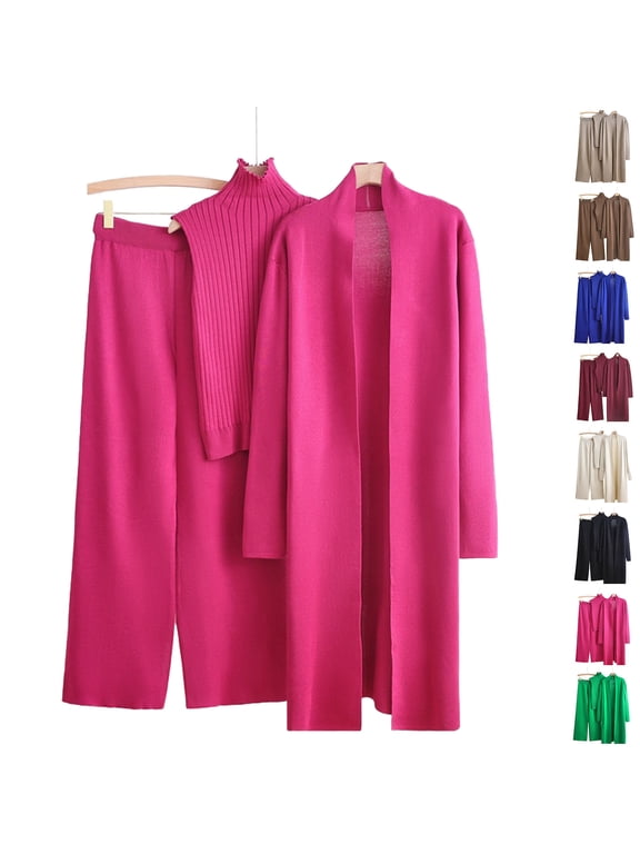 Women Knitted Lounge Set 3 Piece Outfit Sets Mock Neck Sweater Vest Open Front Cardigan Wide Leg Pants Dressy Casual Matching Set Coffee Free Size