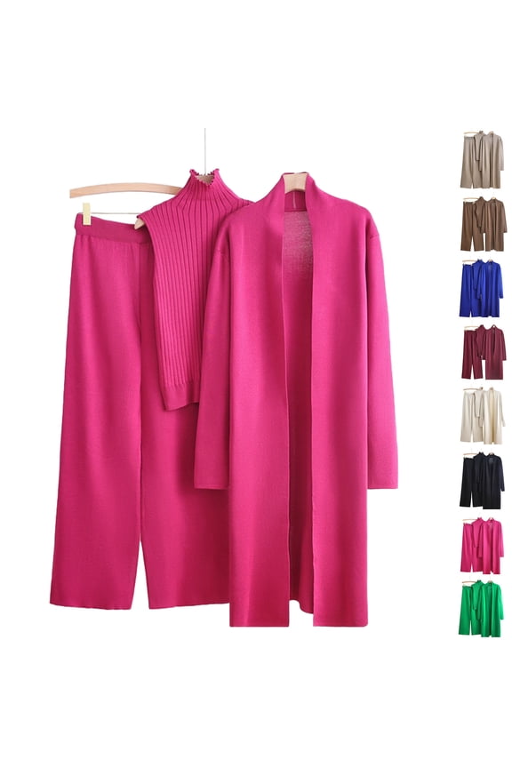 Women Knitted Lounge Set 3 Piece Outfit Sets Mock Neck Sweater Vest Open Front Cardigan Wide Leg Pants Dressy Casual Matching Set Khaki Free Size