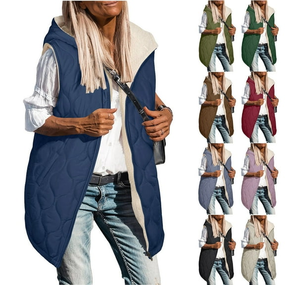 YOIAVAIOY Women Long Puffer Vests Fall Zip Up Reversible Fleece Jacket Winter Warm Sleeveless Hooded Coat with Pockets Beige XXL