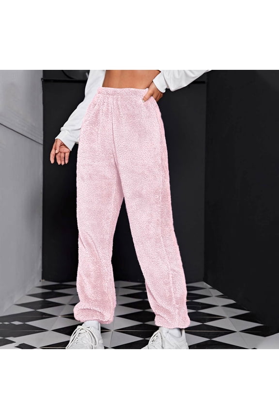 Women Lounge Pant Casual Fuzzy Fleece Sherpa Pant Winter Thermal Pants Trendy Soft Furry Elastic Waist Loungewear Pants PinkL