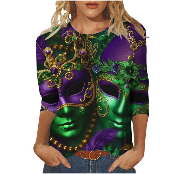 YOIAVAIOY Women Mardi Gras T-Shirt 3/4 Sleeve Mask Graphic Tops Round Neck Casual Holiday Party Blouse Multicolor M
