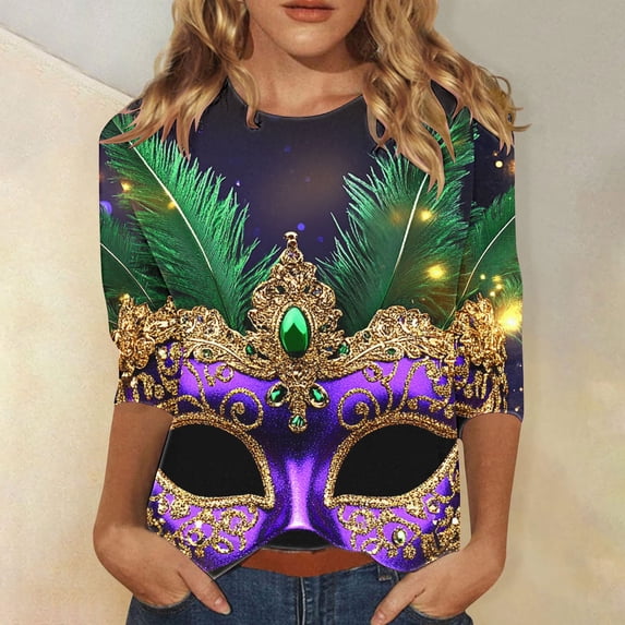 YOIAVAIOY Women Mardi Gras T-Shirt 3/4 Sleeve Mask Graphic Tops Round Neck Casual Holiday Party Blouse Purple L