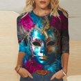 thumbnail image 1 of YOIAVAIOY Women Mardi Gras T Shirt 3/4 Sleeve Mask Graphic Tops Round Neck Casual Holiday Party Loose Fit Outfit Multicolor L, 1 of 5