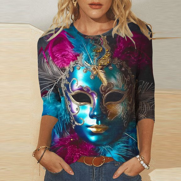 YOIAVAIOY Women Mardi Gras T Shirt 3/4 Sleeve Mask Graphic Tops Round Neck Casual Holiday Party Loose Fit Outfit Multicolor L