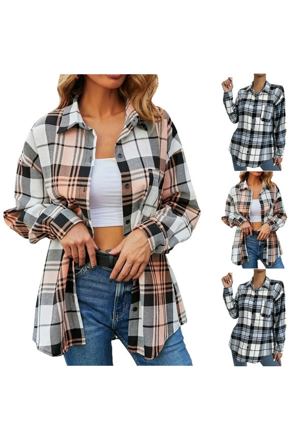 Women Plaid Shacket Jacket Lightweight Comfy Shirt Jackets Oversized Boyfriend Button Down Shirts with Pocket Orange S