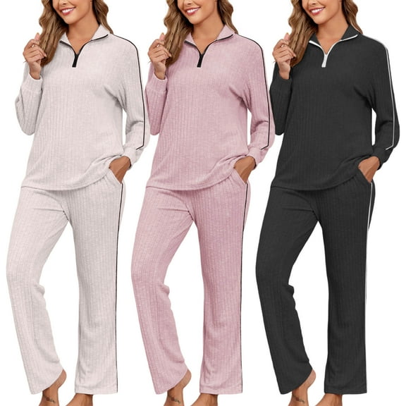 YOIAVAIOY Women Ribbed Knit 2 Piece Set Quarter Zip Pullover Top and Straight Leg Pants Matching Lounge Sets Side Striped Casual Sweatsuit Pink L