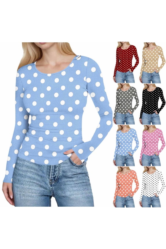 Women Ribbed Knit Long Sleeve Shirts Slim Fit Basic Tee Casual Polka Dot Crew Neck Going Out Textured Tops Pink M
