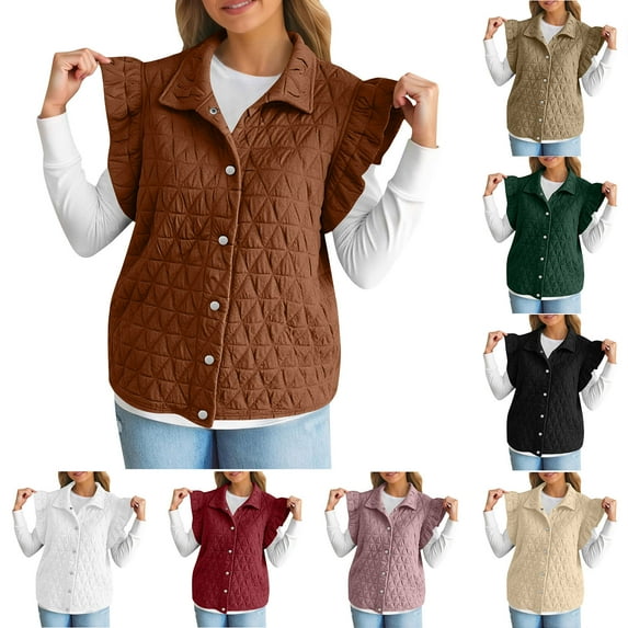 YOIAVAIOY Women Ruffles Puffer Vest Sleeveless Button Down Padded Jacket Trendy Fall Winter Gilet Outerwear with Pockets White XL