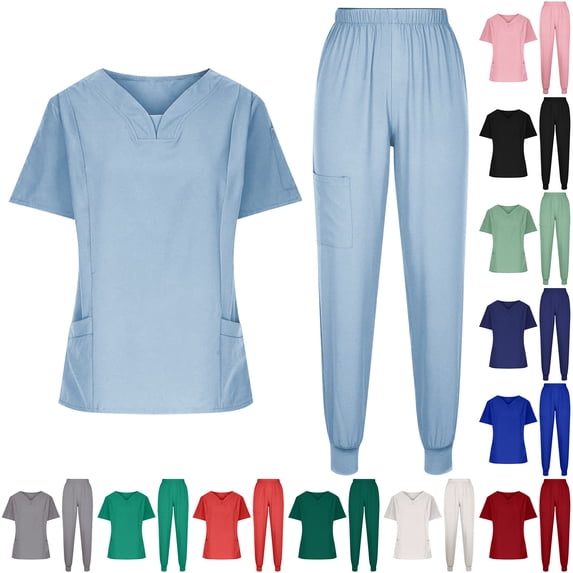 YOIAVAIOY Women Scrubs Sets Jogers Sleeve V Neck with Pocket Nurse Top Drawstring Straight Leg Two Piece Stretchy Medical Uniform Red S