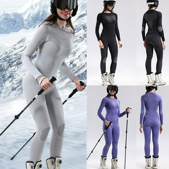 YOIAVAIOY Women Ski Underwear Set 2 Piece Thermal Workout Sets Long Sleeve Slim Fitted Tops and Tight Pants Athletic Track Suit Moisture Wicking Base Layer Set