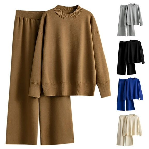 YOIAVAIOY Women Solid Knitted Sets 2 Piece Fall Winter Outfits Loose Pullover Sweaters Wide Leg Pants Elegant Lounge Set Casual Matching Sets Gray Free Size