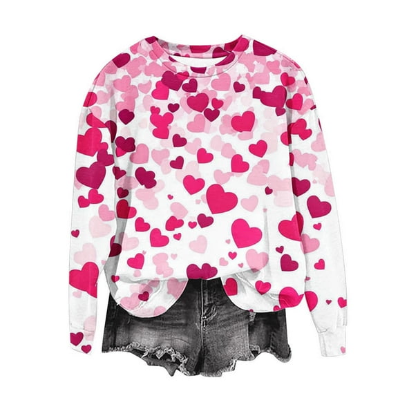 YOIAVAIOY Women Valentine's day Sweatshirts Couple Print Long Sleeve Crew Neck Casual Sweatshirt Winter Warm Pullover Tops Hot Pink XXL