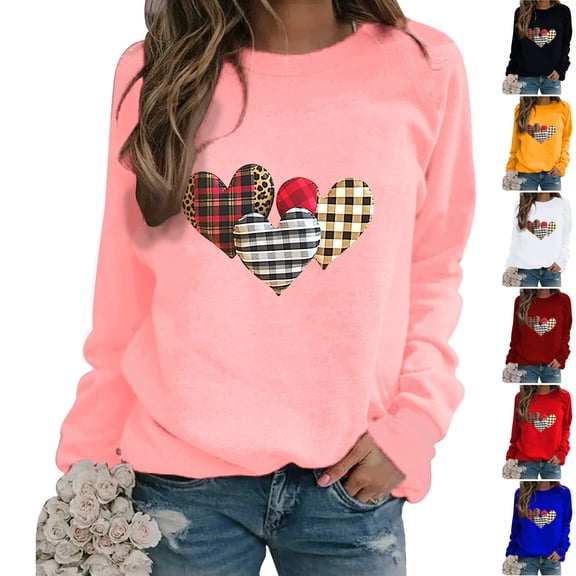 YOIAVAIOY Women Valentine's day Sweatshirts Couple Print Long Sleeve Crew Neck Casual Sweatshirt Winter Warm Pullover Tops Pink XXL