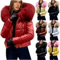 thumbnail image 1 of YOIAVAIOY Women Winter Warm Down Jacket Thick Slim Flash Coat Outdoor Faux Fur Hood Parka Short Slim Puffer Jacket Brown S, 1 of 9