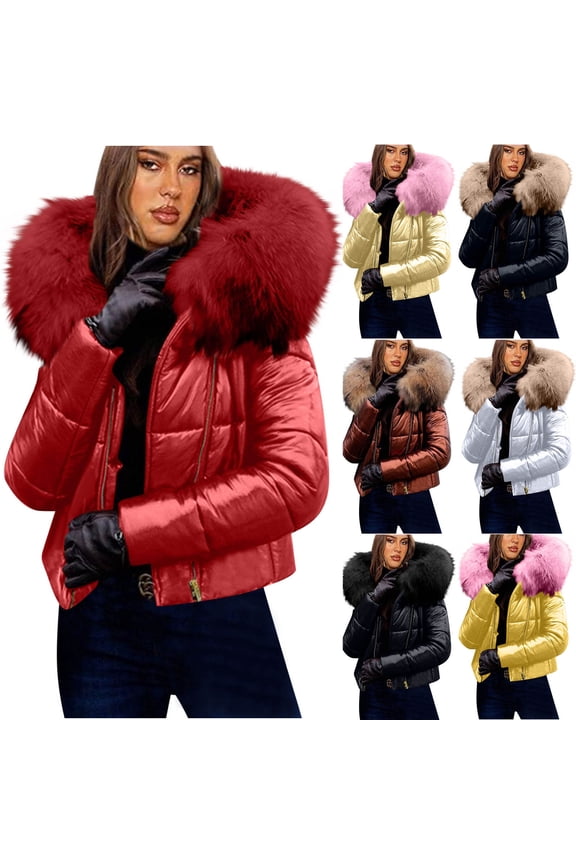 Women Winter Warm Down Jacket Thick Slim Flash Coat Outdoor Faux Fur Hood Parka Short Slim Puffer Jacket Orange XXL
