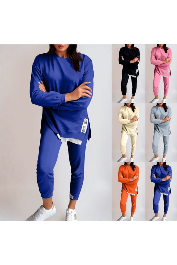Women's 2 Piece Lounge Sets Side Split Sweatshirts Pencil Pants Casual Workout Set Solid Sports Track Suit Soft Comfy Matching Suits Blue XXXL