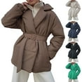 thumbnail image 1 of YOIAVAIOY Women's Belted Puffer Jacket Notched Lapel Down Coat Open Front Cardigan Overcoat Winter Warm Outwear Brown L, 1 of 8