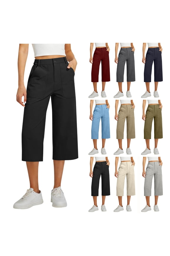 Women's Capri Pants Lightweight Wide Leg Business Casual Pants Lounge Work Travel Hiking Walking Capris with Pockets Blue L