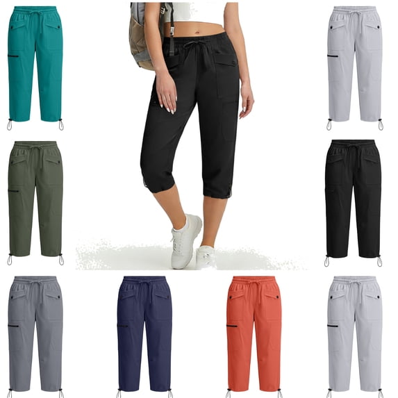 YOIAVAIOY Women's Cargo Capri Pants Lightweight Quick Dry Water Resistant Cropped Hiking Travel Outdoor Casual Capris with Pockets Black L