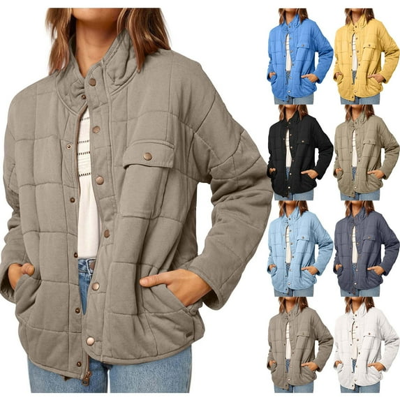 YOIAVAIOY Women's Casual Jackets Button Down Puffer Jacket Fashion Cropped Coat Lounge Athletic Outerwear with Pockets Yellow L