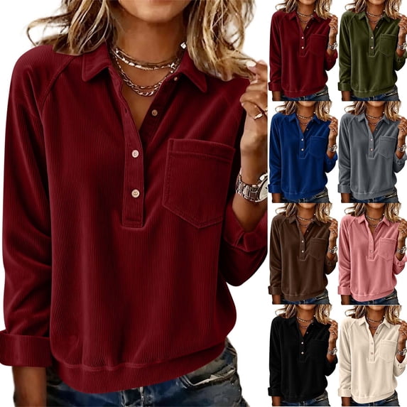 YOIAVAIOY Women's Corduroy Pullover Long Sleeve Lapel Collar Button Down Shirts Solid Business Casual Dressy Pullover Tops with Pocket Beige M
