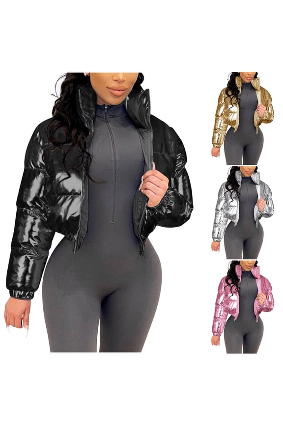 Women's Cropped Puffer Jacket Shiny Short Bubble Puffy Coats Hood Zip Up Coats Trendy Winter Outwear with Pocket Gold L