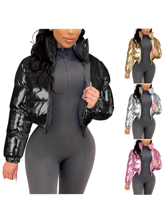 Women's Cropped Puffer Jacket Shiny Short Bubble Puffy Coats Hood Zip Up Coats Trendy Winter Outwear with Pocket Silver XXL