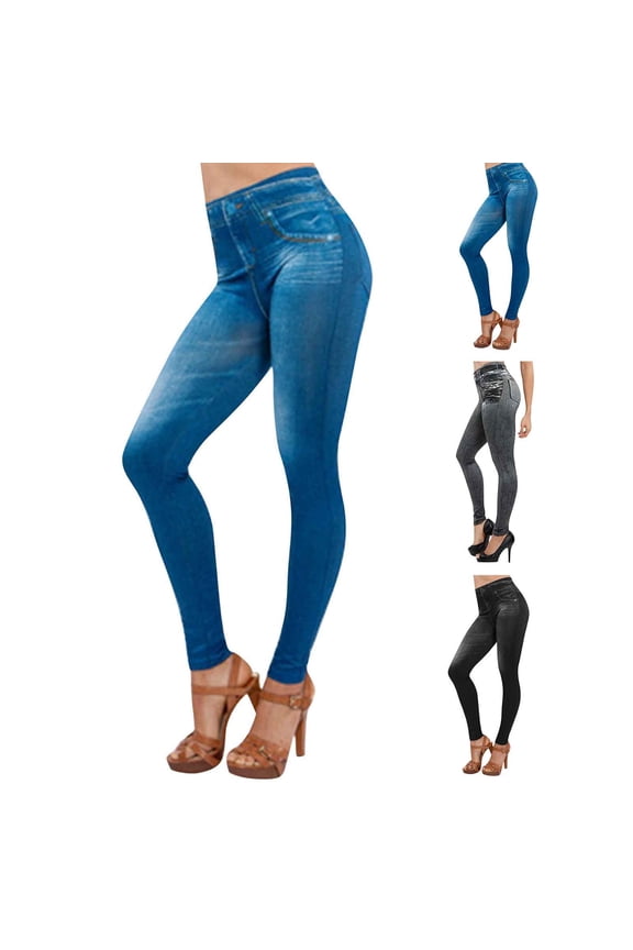 Women's Denim Print Leggings Seamless Stretchy Fake Jeans High Waist Casual Jean Jeggings Dark Gray XXL