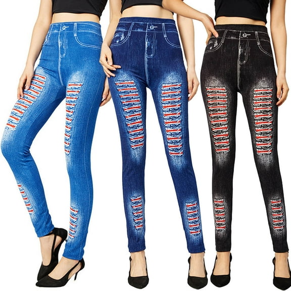 YOIAVAIOY Women's Faux Denim Legging Hight Waisted Stretch Ripped Skinny Tights Slim Fit Pencil Pants Denim Yoga Pants Dark Blue M