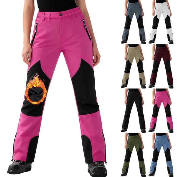 YOIAVAIOY Women's Fleece Ski Pants Color Block Winter Snow Pants with Pockets Red L
